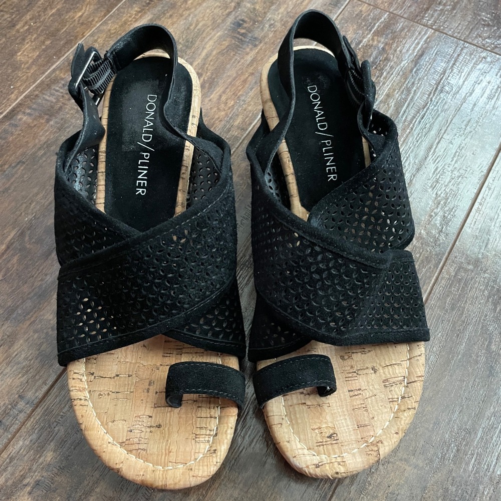 Donald Pliner Wedge Sandals Womens‎ Black Suede Cork Boho Chic 5.5 M
